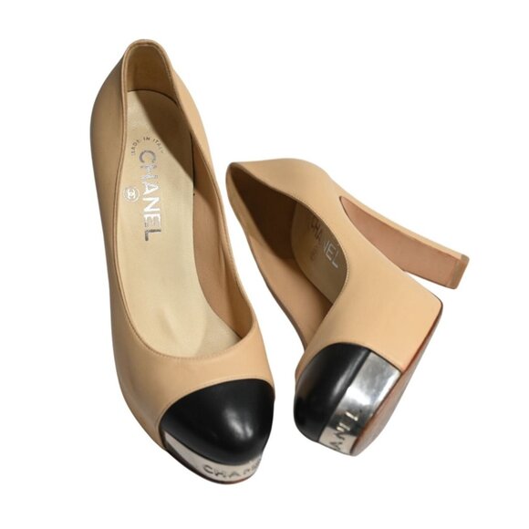 Chanel Cap Toe CC Logo Platform Pumps in Beige